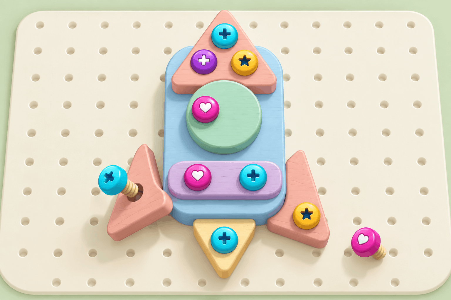 Pastel wooden rocket puzzle with colourful screws and layered building blocks